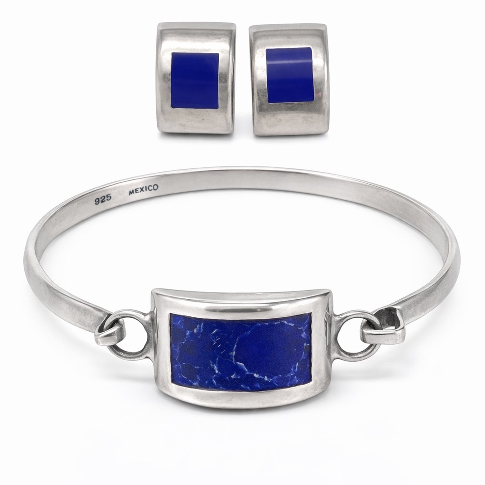 Vintage Taxco Sterling Silver Sodalite Modernist Bracelet Earring Set 925